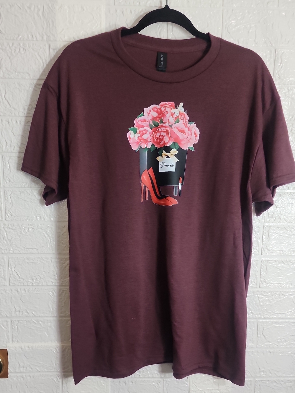 Gildan Burgundy Tee with Pink Floral Bouquet & Red Heel Graphic